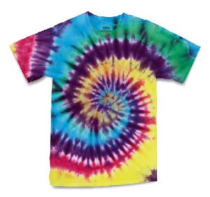A red, pink, blue, purple, yellow, and green tie die shirt.
