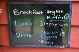Camp Kupugani Chalkboard Menu For Breakfast, Lunch, and Dinner.